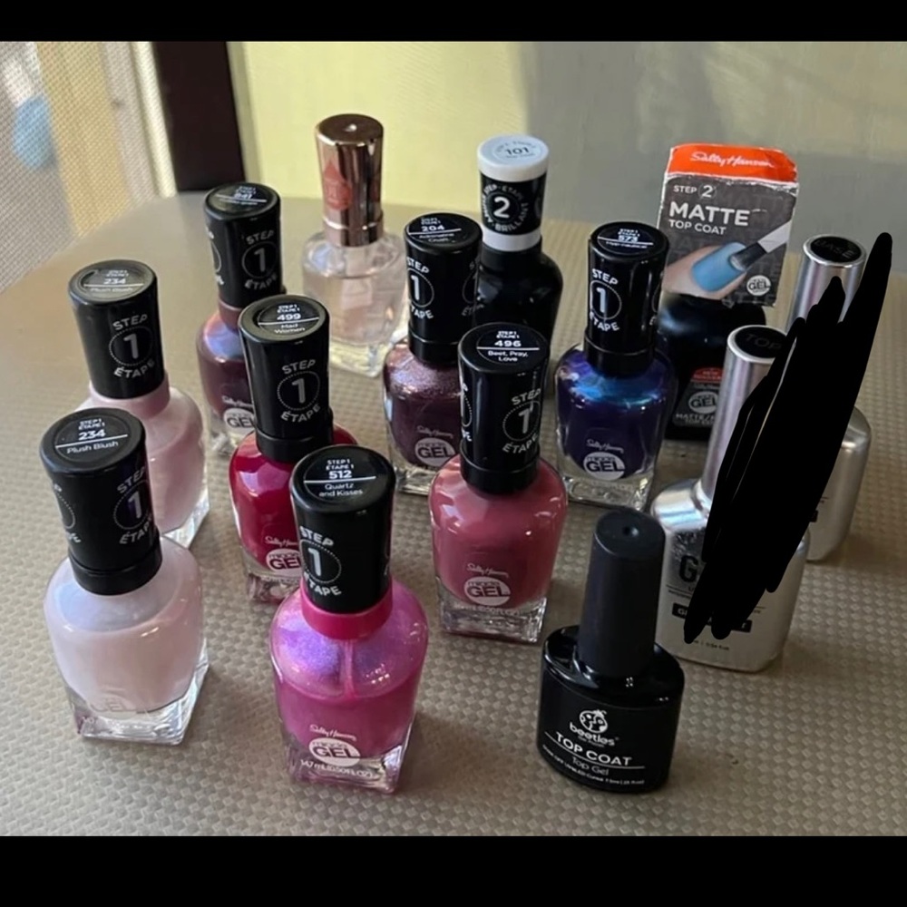 Sally Hansen Gel Nail Polish Bundle Color Top Base Coat GAOY Beetles purple pink